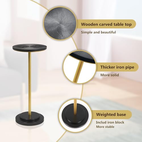 COVLON Drink Table, Weighted Base Pedestal Table, Martini Table,Small Side Table with Wooden Carved Table Top for Living Room, Bedroom, Modern, Gold and Black