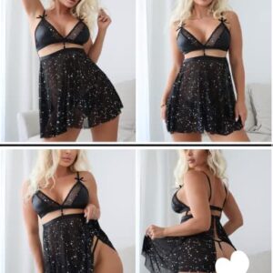 Avidlove Plus Size Lingerie Lace Teddy Babydoll V Neck Lace Nighty Sleepwear Flocking Nightdress Black Star XXL