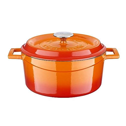 LAVA 7 Quarts Cast Iron Dutch Oven: Multipurpose Stylish Round Shape Dutch Oven Pot with Three Layers of Enamel Coated with Trendy Lid (Orange)