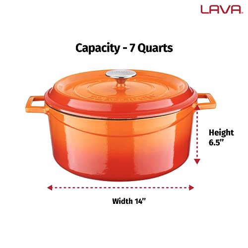 LAVA 7 Quarts Cast Iron Dutch Oven: Multipurpose Stylish Round Shape Dutch Oven Pot with Three Layers of Enamel Coated with Trendy Lid (Orange)