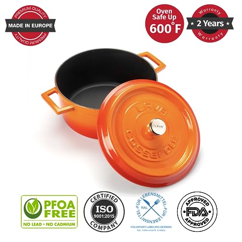 LAVA 7 Quarts Cast Iron Dutch Oven: Multipurpose Stylish Round Shape Dutch Oven Pot with Three Layers of Enamel Coated with Trendy Lid (Orange)