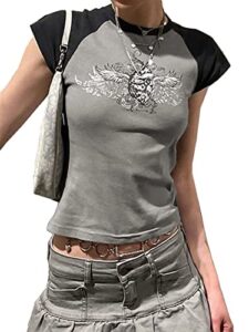 y2k crop tops for woman short sleeve crew neck baby tees grunge wing print t-shirt a grey