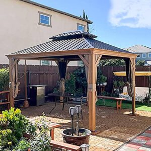 12' x 14' hardtop gazebo, domi wood looking aluminum gazebo with galvanized steel double roof, permanent metal gazebo with curtains and netting for patio lawn and garden