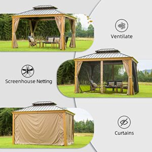 12' x 14' Hardtop Gazebo, Domi Wood Looking Aluminum Gazebo with Galvanized Steel Double Roof, Permanent Metal Gazebo with Curtains and Netting for Patio Lawn and Garden