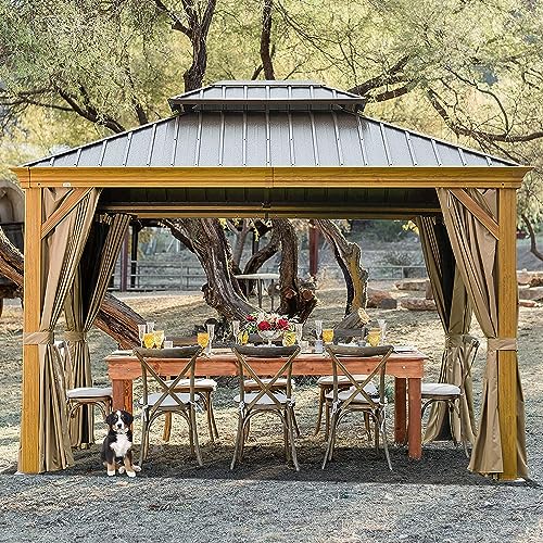 12' x 14' Hardtop Gazebo, Domi Wood Looking Aluminum Gazebo with Galvanized Steel Double Roof, Permanent Metal Gazebo with Curtains and Netting for Patio Lawn and Garden