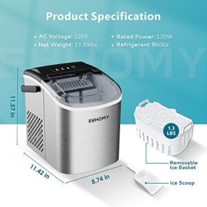 EUHOMY Countertop Ice Maker Machine with Handle, 26lbs in 24Hrs, 9 Ice Cubes Ready in 6 Mins, Auto-Cleaning Portable Ice Maker with Basket and Scoop, for Home/Kitchen/Camping/RV. (Silver)