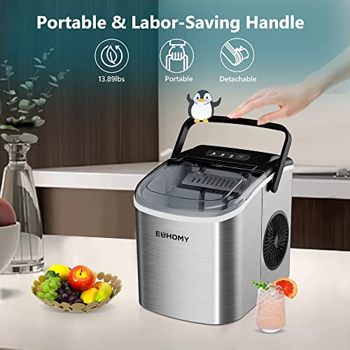 EUHOMY Countertop Ice Maker Machine with Handle, 26lbs in 24Hrs, 9 Ice Cubes Ready in 6 Mins, Auto-Cleaning Portable Ice Maker with Basket and Scoop, for Home/Kitchen/Camping/RV. (Silver)