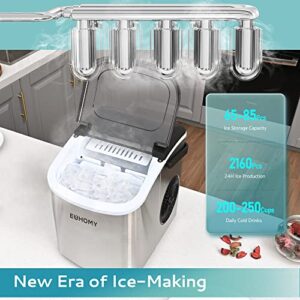 EUHOMY Countertop Ice Maker Machine with Handle, 26lbs in 24Hrs, 9 Ice Cubes Ready in 6 Mins, Auto-Cleaning Portable Ice Maker with Basket and Scoop, for Home/Kitchen/Camping/RV. (Silver)