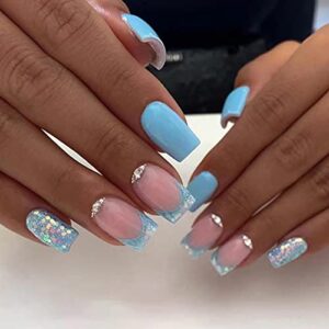 24 pcs square press on nails short fake nails blue glittering sequins with rhinestones exquisite design glossy glue on nails full cover french tip false nails acrylic nails for women girls daily wear