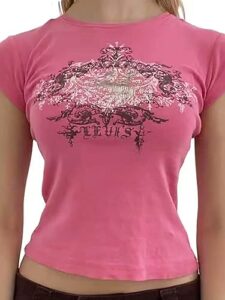 y2k crop tops for woman short sleeve crew neck baby tees vintage acanthus print t-shirt a pink