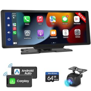 10.3 inch wireless car stereo apple carplay with 1080p backup camera, portable wireless android auto screen for cars, bluetooth car audio receiver with aux 64g tf card