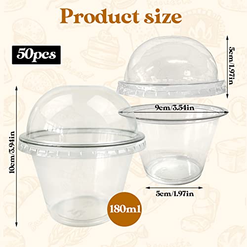 Rainmae 50-Pack Disposable Clear Plastic Cups with Dome Lids, 180ml/6oz Crystal PET Dessert Cups for To Go Iced Coffee Cold Drinks, Smoothie, Bubble Boba Tea, Juice, Parfait, Frappuccino, Milkshake