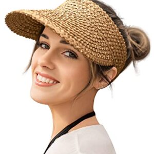 Visors for Women, Straw Sun Visors for Women Beach Hats for Women Packable Sun Hat Womens Visor Handmade Straw Hats for Women Khaki