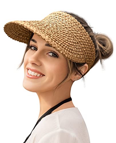 Visors for Women, Straw Sun Visors for Women Beach Hats for Women Packable Sun Hat Womens Visor Handmade Straw Hats for Women Khaki