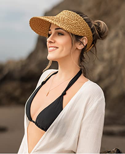 Visors for Women, Straw Sun Visors for Women Beach Hats for Women Packable Sun Hat Womens Visor Handmade Straw Hats for Women Khaki