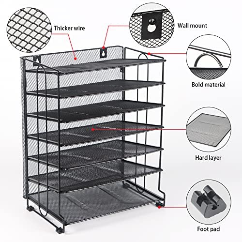 Univivi 7-Tier Tilted Metal Mesh File Paper Tray Letter Organizer, Tilted Trays Desktop File Organizer for Office and Home, Black