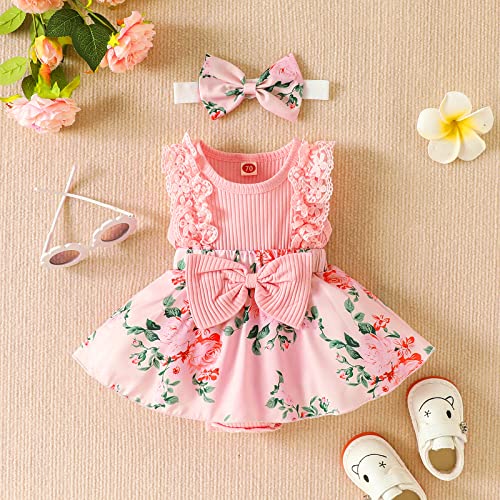 Mubineo Baby Girl Summer Clothes Outfits Sleeveless Lace Floral Romper Dress Newborn Outfit (Pink, 3-6 Months)