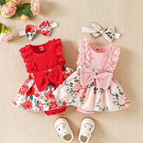 Mubineo Baby Girl Summer Clothes Outfits Sleeveless Lace Floral Romper Dress Newborn Outfit (Pink, 3-6 Months)