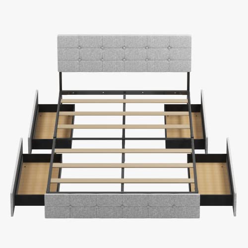 ZAFLY Platform King Bed Frame with 4 Storage Drawers,King Size Bed Frame and Linen Fabric Headboard,Square Stitched Button Tufted Design,Wooden Slats Support,No Box Spring Needed,Light Grey, 21023-K