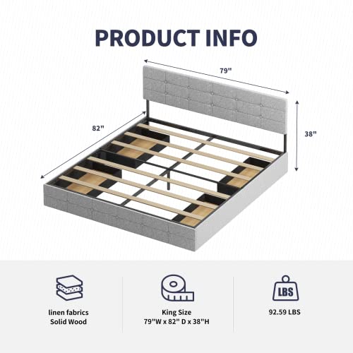 ZAFLY Platform King Bed Frame with 4 Storage Drawers,King Size Bed Frame and Linen Fabric Headboard,Square Stitched Button Tufted Design,Wooden Slats Support,No Box Spring Needed,Light Grey, 21023-K