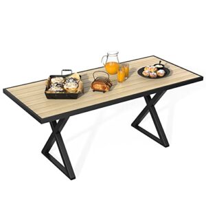 yitahome outdoor patio dining table for 6, rectangular table with faux wood tabletop and umbrella hole, outdside table for patio balcony proch poolside - black & nature wood