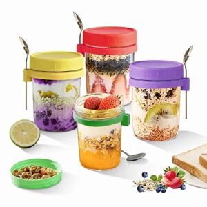 16 oz overnight oats containers with lids and spoon, 4 pack mason jars for overnight oats, airtight overnight oats jars with measurement for cereal, mason oatmeal container jar, on the go container