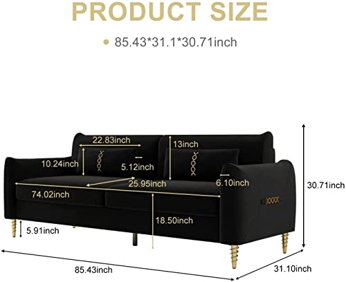 Spaco 85'' Loveseat Sofa Couch,Black Velvet Sofa with Golden Metal Leg and Removable Cushion,Sleeper Sofa Bed with 2 Pillows for Apartment,Living Room (Black)