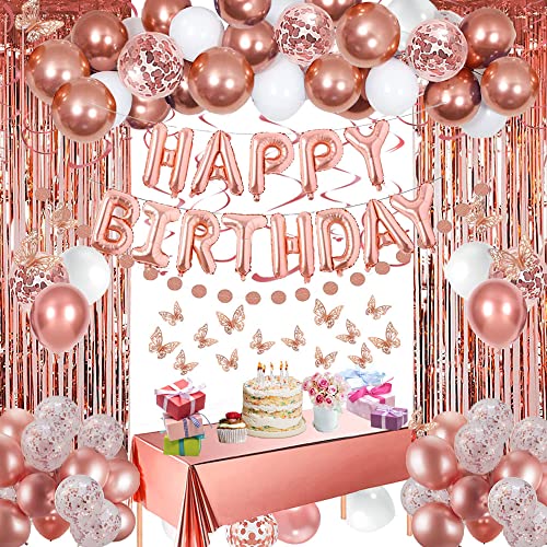 Rose Gold Happy Birthday Party Decorations for Women Girls, Happy Birthday Banner for Her, Fringe Curtains, Foil Tablecloth, Confetti Balloons, Butterfly Decor for 13th 16th 18th 21st 30th 40th 50th