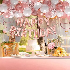 Rose Gold Happy Birthday Party Decorations for Women Girls, Happy Birthday Banner for Her, Fringe Curtains, Foil Tablecloth, Confetti Balloons, Butterfly Decor for 13th 16th 18th 21st 30th 40th 50th