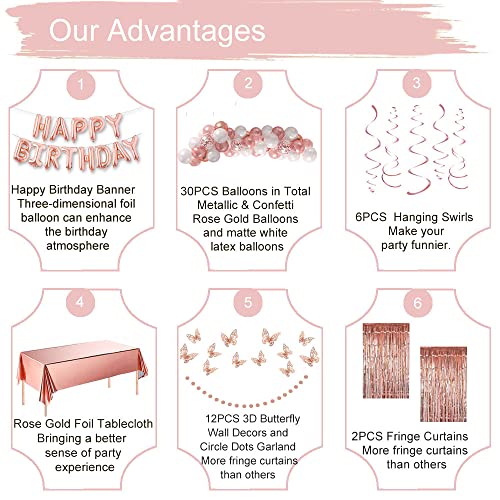 Rose Gold Happy Birthday Party Decorations for Women Girls, Happy Birthday Banner for Her, Fringe Curtains, Foil Tablecloth, Confetti Balloons, Butterfly Decor for 13th 16th 18th 21st 30th 40th 50th