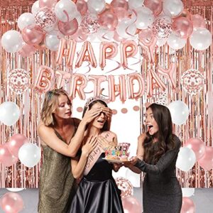 Rose Gold Happy Birthday Party Decorations for Women Girls, Happy Birthday Banner for Her, Fringe Curtains, Foil Tablecloth, Confetti Balloons, Butterfly Decor for 13th 16th 18th 21st 30th 40th 50th