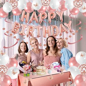 Rose Gold Happy Birthday Party Decorations for Women Girls, Happy Birthday Banner for Her, Fringe Curtains, Foil Tablecloth, Confetti Balloons, Butterfly Decor for 13th 16th 18th 21st 30th 40th 50th