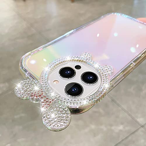 Threesee for iPhone 14 Pro Max Mickey Mouse Cartoon Case,Bling Glitter Diamond Cute Bow Soft TPU Women Girls Kids Protective Clear Phone Case for iPhone14 Pro Max 6.7 inch