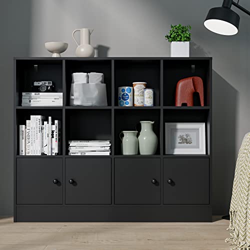 Cozy Castle Black Bookshelf with 12 Cubes and 4 Doors, 2-Tier Open Shelf Bookcase with Anti-Tilt Device for Bedroom, Living Room