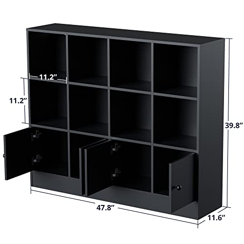 Cozy Castle Black Bookshelf with 12 Cubes and 4 Doors, 2-Tier Open Shelf Bookcase with Anti-Tilt Device for Bedroom, Living Room