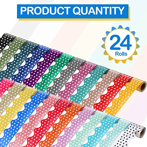 24 Rolls 394 Feet Scalloped Bulletin Board Borders 24 Colors Polka Dot Rolled Classroom Bulletin Boarder Trim Decorations Paper Border Rolled for Bulletin Board Classroom Decor