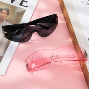 loraleo 2 Pairs Y2K Sunglasses for Women Men, Trendy Shield Wrap Around Sun Glasses, Rimless Star Sunglasses, Oversized Frameless Glasses Shades