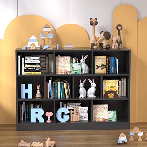 Cozy Castle Black Wood Bookshelf, 3-Tier Open Shelf Bookcase, 10 Cube Storage Organizer with Anti-Tilt Device for Bedroom, Living Room, 55.12" W x 11.61“D x 40.95“H