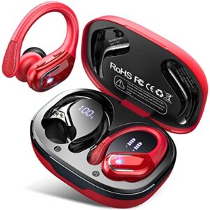 ltinist wireless earbud, bluetooh 5.3 headphones pure bass sound with earhooks, 60h battery in-ear sport earbud with dual-led display, ip7 waterproof earphones built-in microphone for running, red