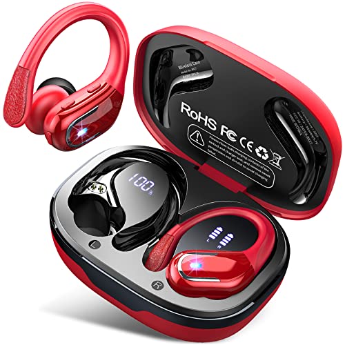 Ltinist Wireless Earbud, Bluetooh 5.3 Headphones Pure Bass Sound with Earhooks, 60H Battery in-Ear Sport Earbud with Dual-LED Display, IP7 Waterproof Earphones Built-in Microphone for Running, Red