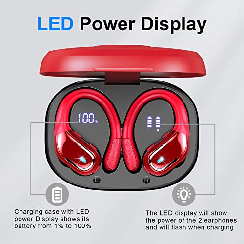 Ltinist Wireless Earbud, Bluetooh 5.3 Headphones Pure Bass Sound with Earhooks, 60H Battery in-Ear Sport Earbud with Dual-LED Display, IP7 Waterproof Earphones Built-in Microphone for Running, Red