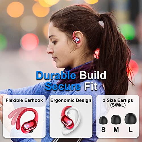 Ltinist Wireless Earbud, Bluetooh 5.3 Headphones Pure Bass Sound with Earhooks, 60H Battery in-Ear Sport Earbud with Dual-LED Display, IP7 Waterproof Earphones Built-in Microphone for Running, Red