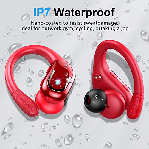 Ltinist Wireless Earbud, Bluetooh 5.3 Headphones Pure Bass Sound with Earhooks, 60H Battery in-Ear Sport Earbud with Dual-LED Display, IP7 Waterproof Earphones Built-in Microphone for Running, Red