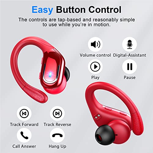 Ltinist Wireless Earbud, Bluetooh 5.3 Headphones Pure Bass Sound with Earhooks, 60H Battery in-Ear Sport Earbud with Dual-LED Display, IP7 Waterproof Earphones Built-in Microphone for Running, Red