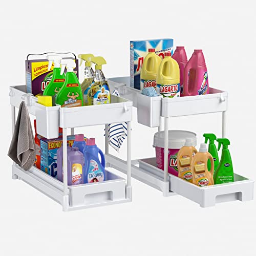 Luyata 2 Pack Under Sink Organizer, 2 Tier Pull Out Under Sink Cabinet Organizer, Sliding out Drawer Basket Storage Organizer Shelf for Kitchen Bathroom, with Hooks, Hanging Cups, Dividers, White