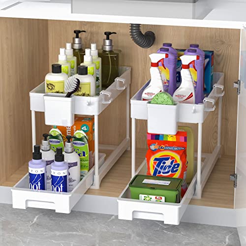 Luyata 2 Pack Under Sink Organizer, 2 Tier Pull Out Under Sink Cabinet Organizer, Sliding out Drawer Basket Storage Organizer Shelf for Kitchen Bathroom, with Hooks, Hanging Cups, Dividers, White