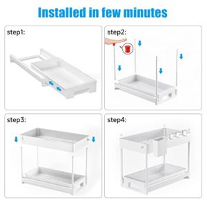 Luyata 2 Pack Under Sink Organizer, 2 Tier Pull Out Under Sink Cabinet Organizer, Sliding out Drawer Basket Storage Organizer Shelf for Kitchen Bathroom, with Hooks, Hanging Cups, Dividers, White