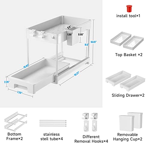 Luyata 2 Pack Under Sink Organizer, 2 Tier Pull Out Under Sink Cabinet Organizer, Sliding out Drawer Basket Storage Organizer Shelf for Kitchen Bathroom, with Hooks, Hanging Cups, Dividers, White