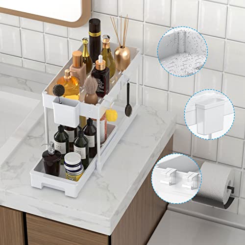 Luyata 2 Pack Under Sink Organizer, 2 Tier Pull Out Under Sink Cabinet Organizer, Sliding out Drawer Basket Storage Organizer Shelf for Kitchen Bathroom, with Hooks, Hanging Cups, Dividers, White