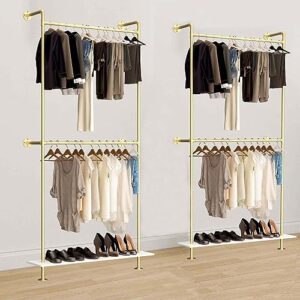 AIWFL Industrial Pipe Clothing Rack Wall Mounted,Modern Simple Metal Clothes Rack,Vintage Retail Display Garment Rack with White Shelves,Metal Gold Clothes Racks with 2 Tier Hanging Rods(47.2" L)